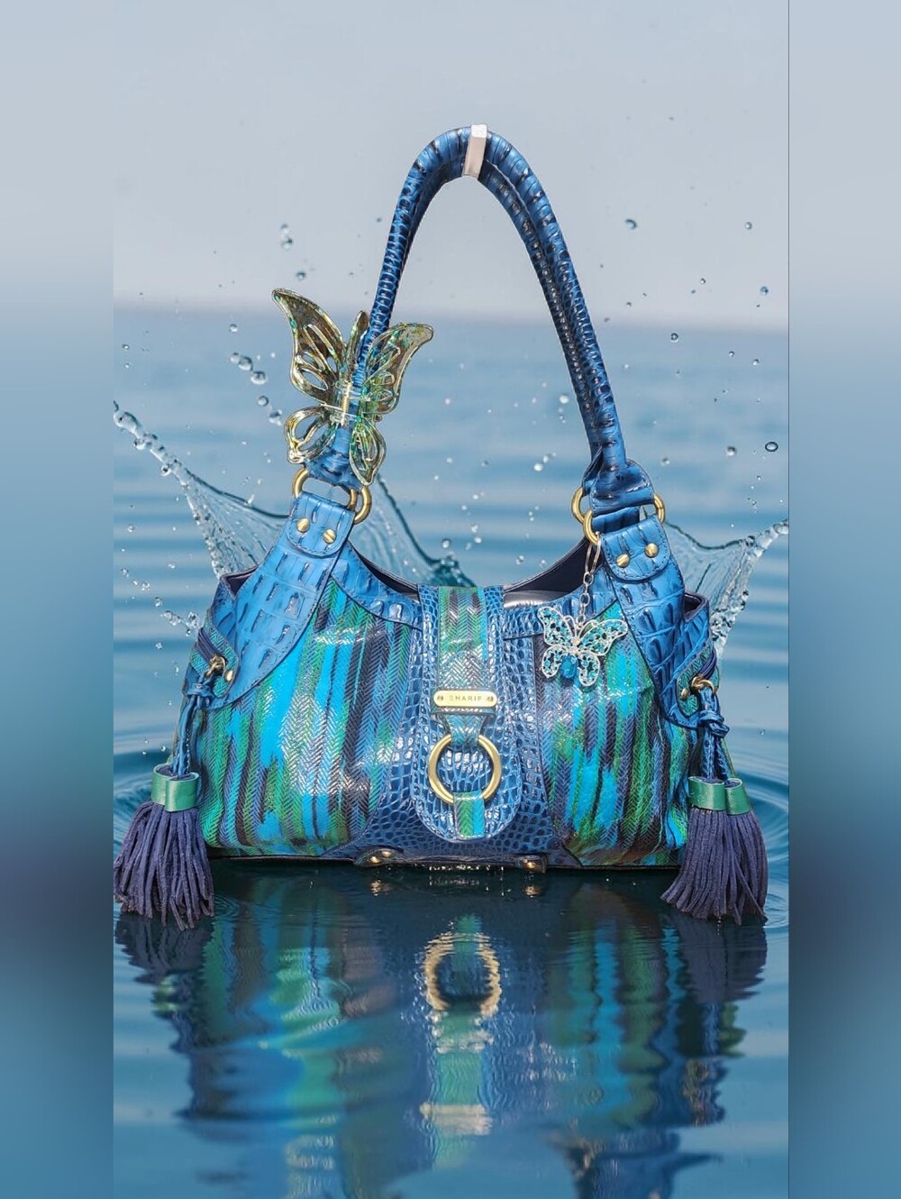 Sharif Studio Croc-Embossed Leather Tassel Satchel Handbag In Blue & Teal